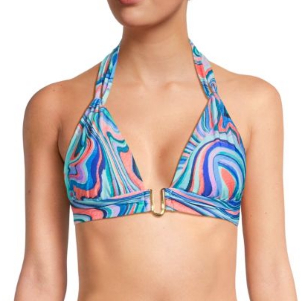 La Blanca Cove Shirred Strap Patterned Halterneck Bikini Top Multi-Hued 12
